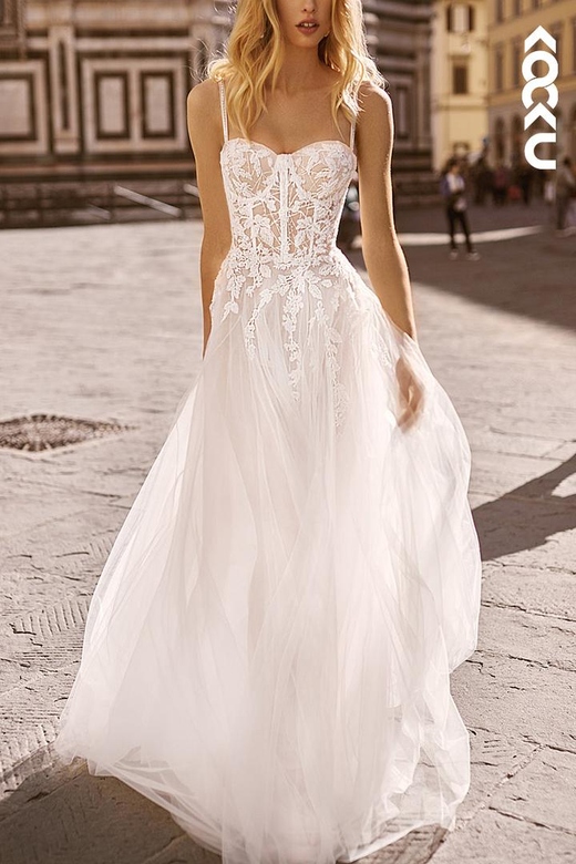 Sweetheart Sleeveless Appliqued Sheer Tulle A-Line Gown