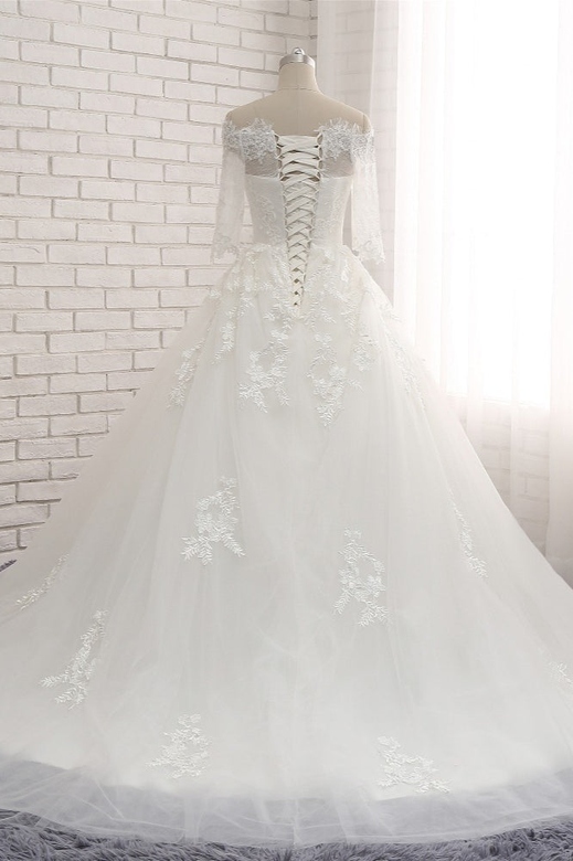 Gorgeous Bateau Halfsleeves White Wedding Dress, A-line Tulle Ruffles