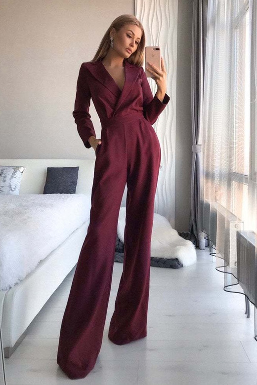 Burgundy Long Sleeve V-Neck Jumpsuit