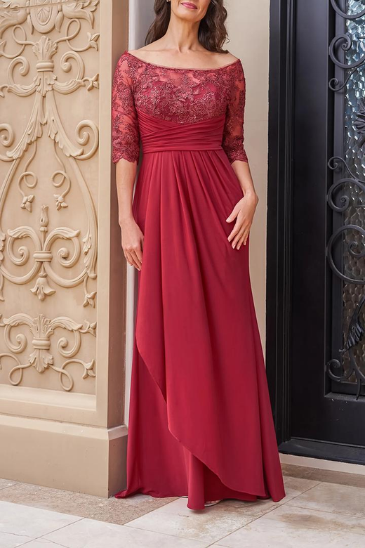 Scoop Half Sleeves Lace Satin A-Line Mother of the Bride