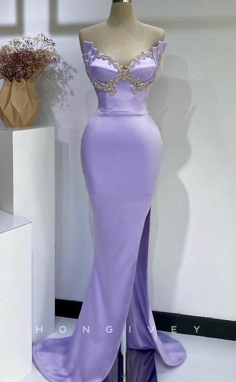 Satin Trumpet Sweetheart Strapless Beaded Dress with Side Slit