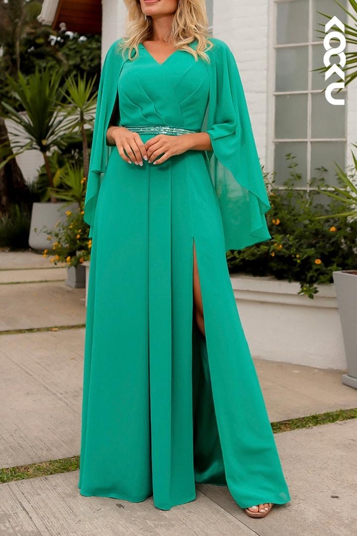 Simple Casual Long Sleeves V-Neck A-Line Side Slit Chiffon