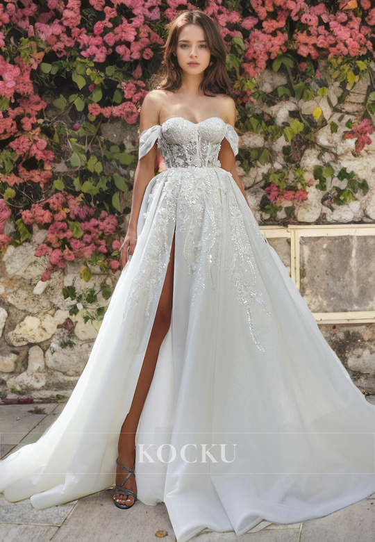 Elegant Off-Shoulder A-Line Appliques Split Wedding Gown