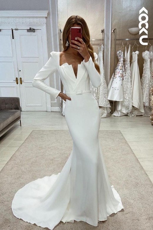 Simple V-Neck Long Sleeves Mermaid Wedding Dress