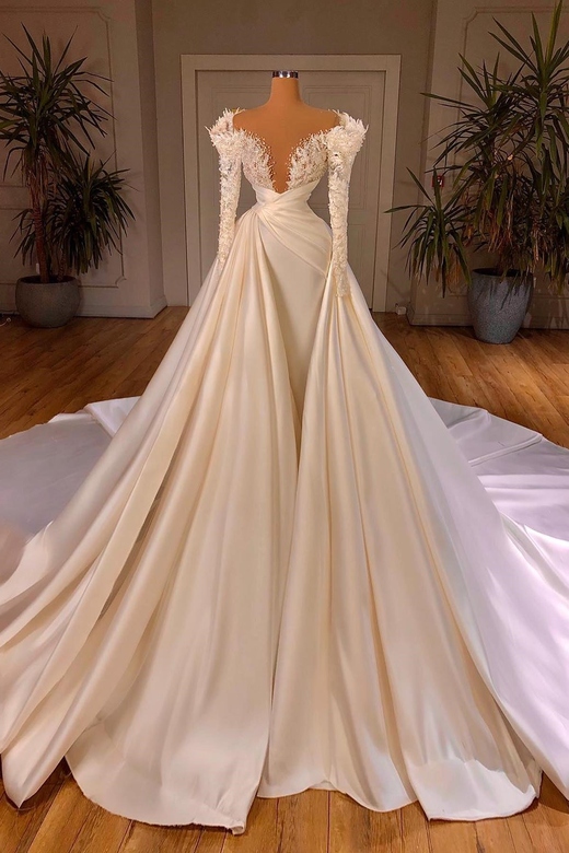 Charming A-Line Cathedral V-Neck Long Dress with Sleeves