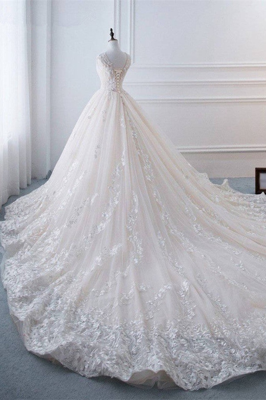 Glamorous Tulle Lace Appliques Wedding Dress with V-Neck, Pearls,