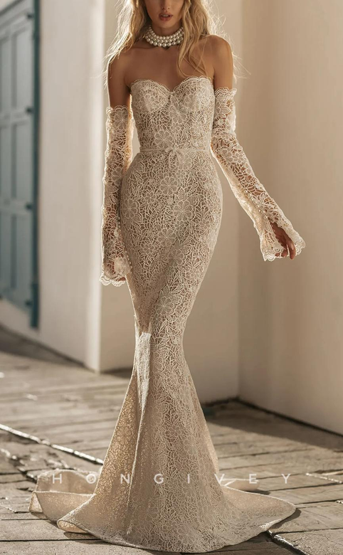 Fully Lace Illusion Wedding Dress with Long Sleeves & Train