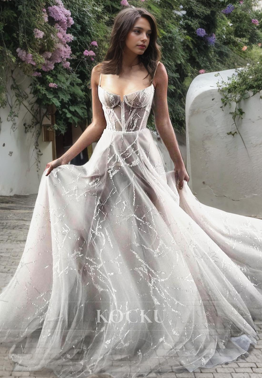 Elegant Spaghetti Straps Square A-Line Beaded Wedding Gown