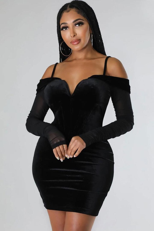 Black Sexy Deep V Sheer Sleeve Velvet Bodycon Corset Party Mini Dress