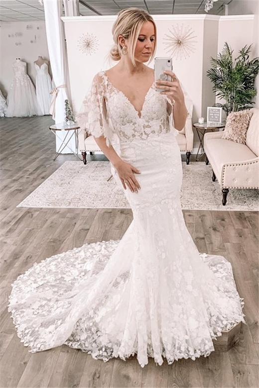 Cold Shoulder Lace Mermaid Train Wedding Dress, Online Selection