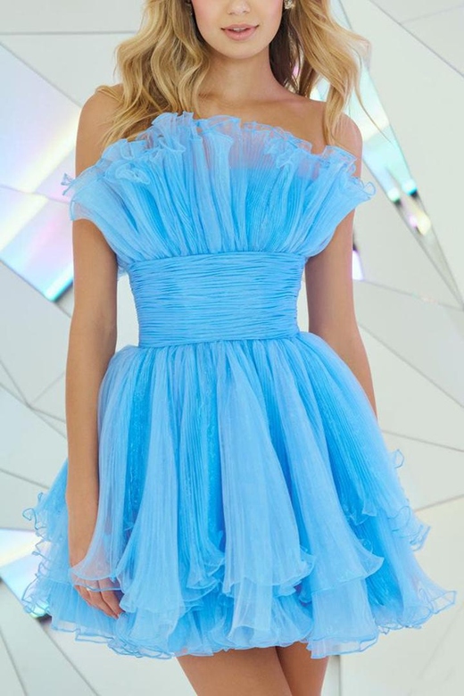 Strapless Sleeveless Ruched Tulle A-Line Mini Homecoming Gown