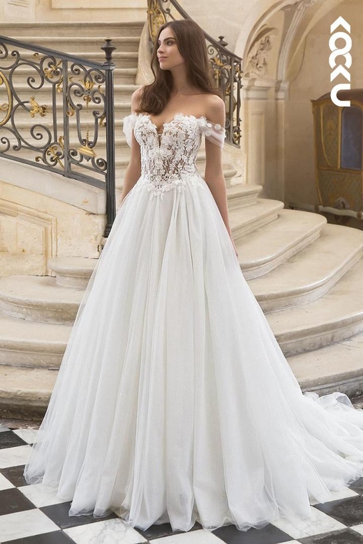 Elegant Off-Shoulder Cap Sleeves A-Line Applique Tulle Wedding Dress