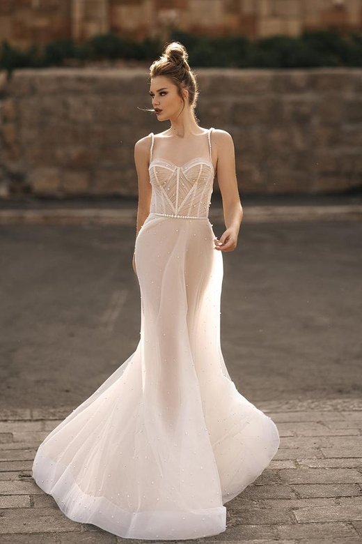 Sweetheart Beaded Ruched Sheer Tulle Mermaid Wedding Gown