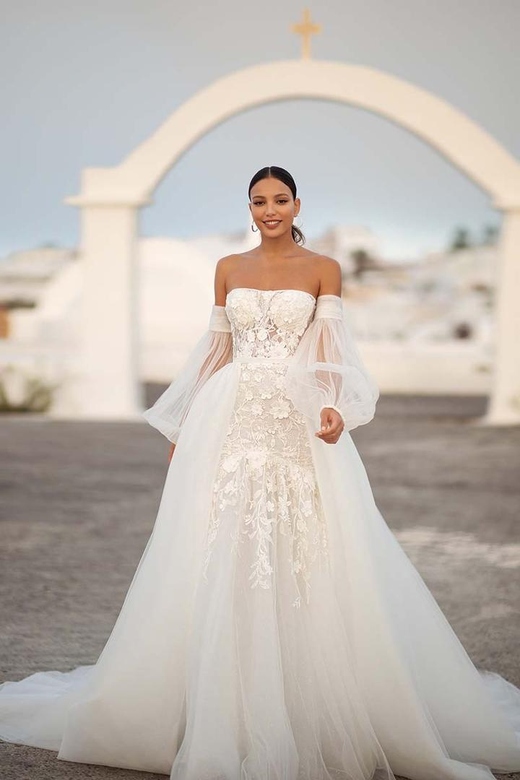 Off-Shoulder Sleeves Lace Appliqued Sheer Tulle Mermaid Gown