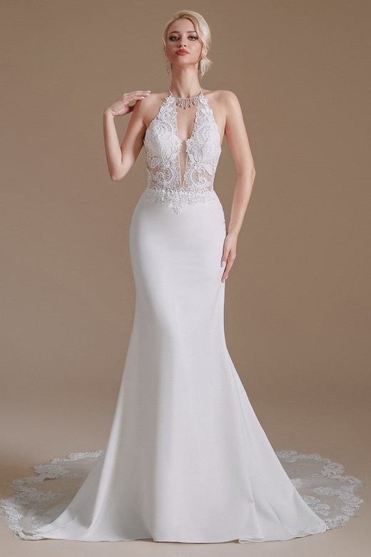 Gorgeous Halter Sleeveless Mermaid Wedding Gown With Appliques