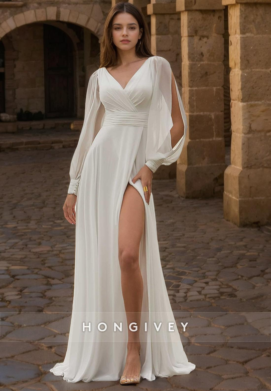 Casual V-Neck A-Line Long Sleeve Wedding Dress with Slit