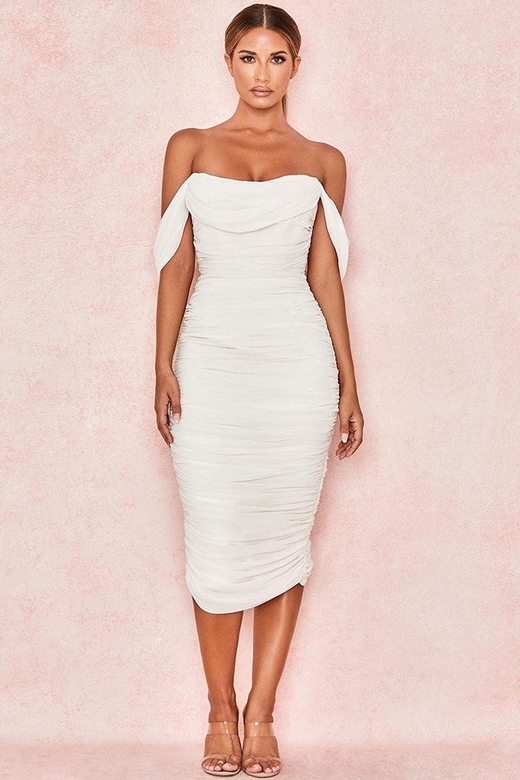 White Off Shoulder Ruched Bodycon Cocktail Dress