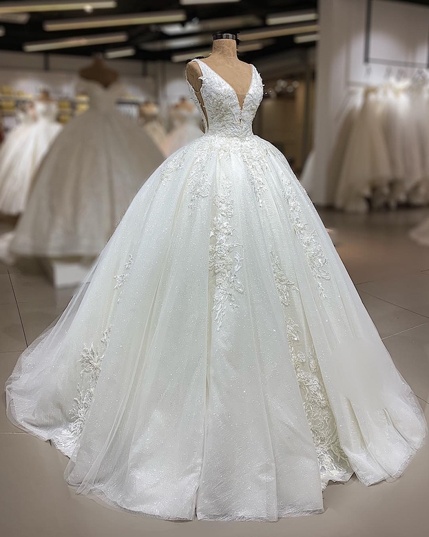 Unique Straps V-Neck White A-Line Tulle Ruffles Wedding Dress