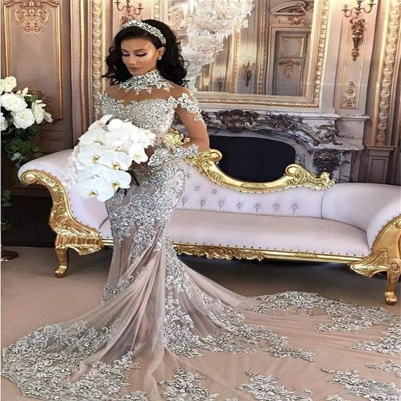 Long-Sleeved Silver High-Neck Evening Dress Lace Mermaid Wedding Gown