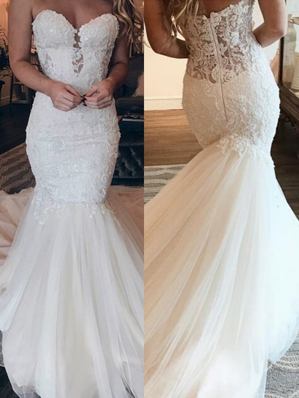 Affordable Strapless Tulle Lace Dress, Chic Mermaid Long Style