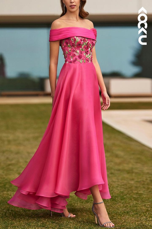 Elegant Luxurious Off-Shoulder A-Line Flower Embroidery Satin Dress