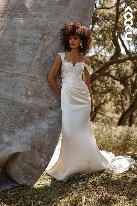 Sweetheart Lace Ruched Satin Mermaid Wedding Dress with Sweep Train