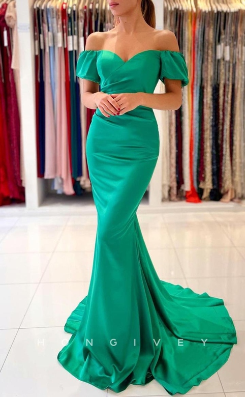 Sexy Satin Trumpet Off-Shoulder Empire Ruched Gown