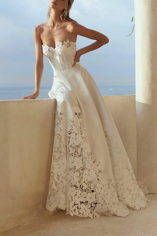 Sweetheart Strapless Appliqued Satin A-Line Gown