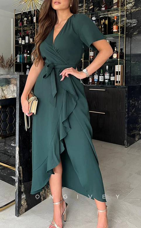 Elegant Chiffon A-Line V-Neck Short Sleeve Ruffled Mother's Gown