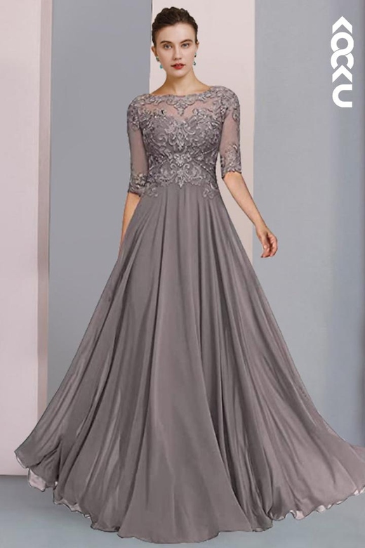 Elegant & Luxurious Half Sleeves Applique A-Line Chiffon Mother of the Bride Gown