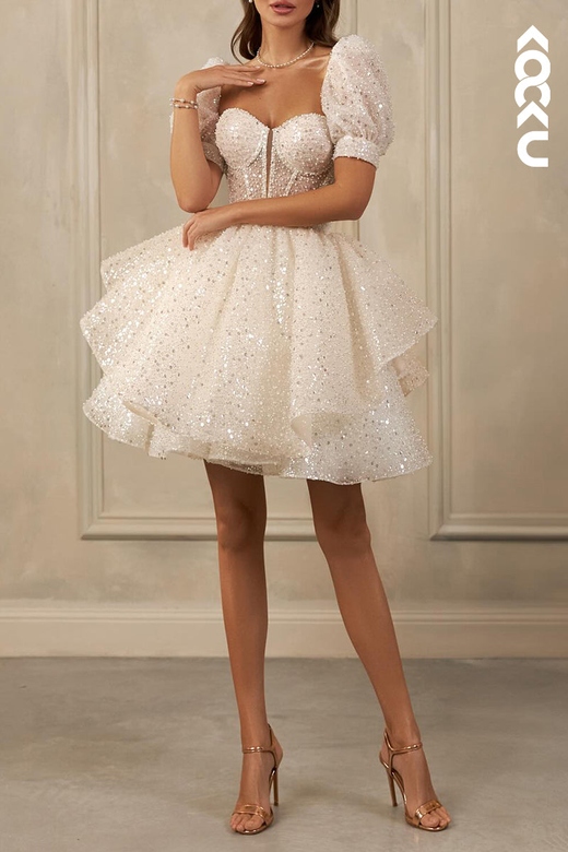 Gorgeous Square Short Sleeves A-Line Sparkly Mini Wedding Dress