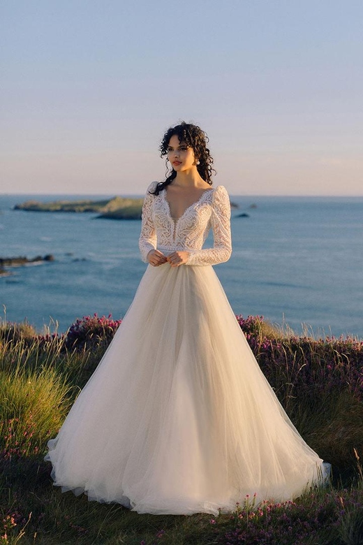 Low V-Neck Lace Long Sleeves Tulle A-Line Wedding Gown