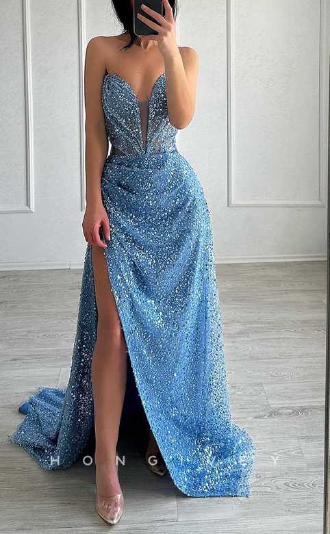 Sparkly Strapless Ruched Dress with Side Slit & Sequins for Prom