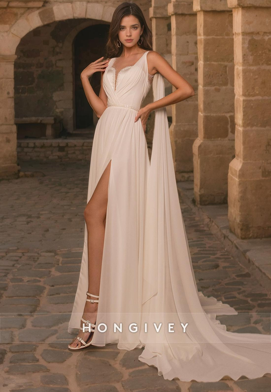 Casual A-Line V-Neck Sleeveless Beaded Wedding Dress with Bolero