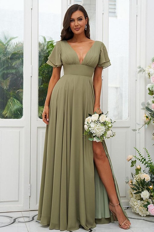 V-Neck Short Sleeves Chiffon A-Line Long Bridesmaid Dress with Side Slit