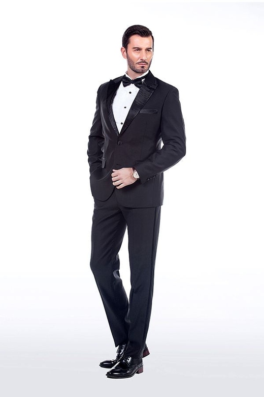 Unique Silk Peak Lapel Wedding Suits, Solid Black