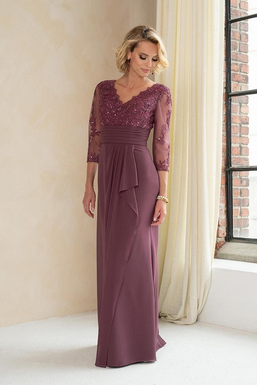 V-Neck Long Sleeves Lace Appliqued Chiffon A-Line Mother of the Bride Gown