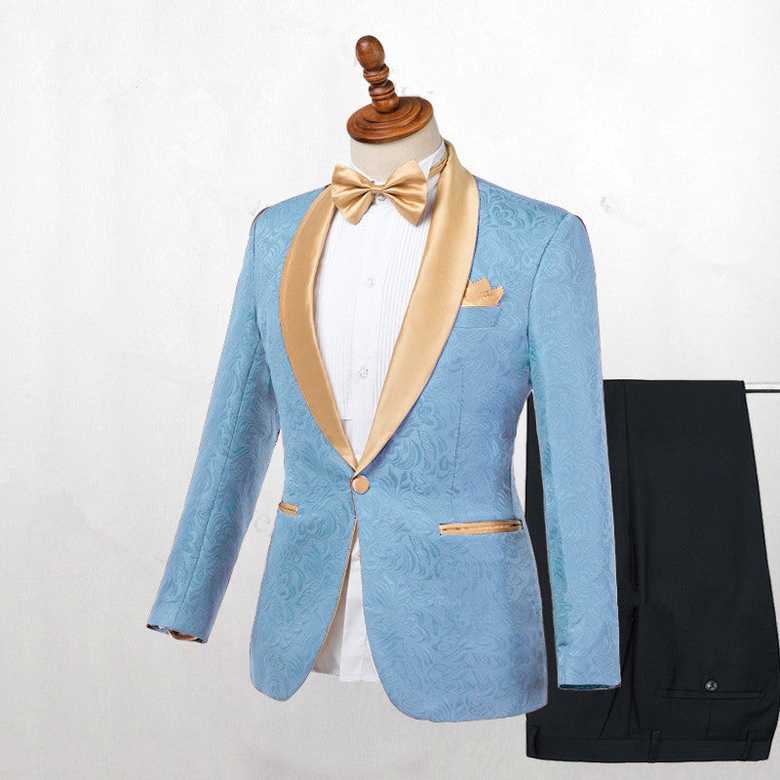 Blue One-Button Shawl Lapel Best Fitted Wedding Suit