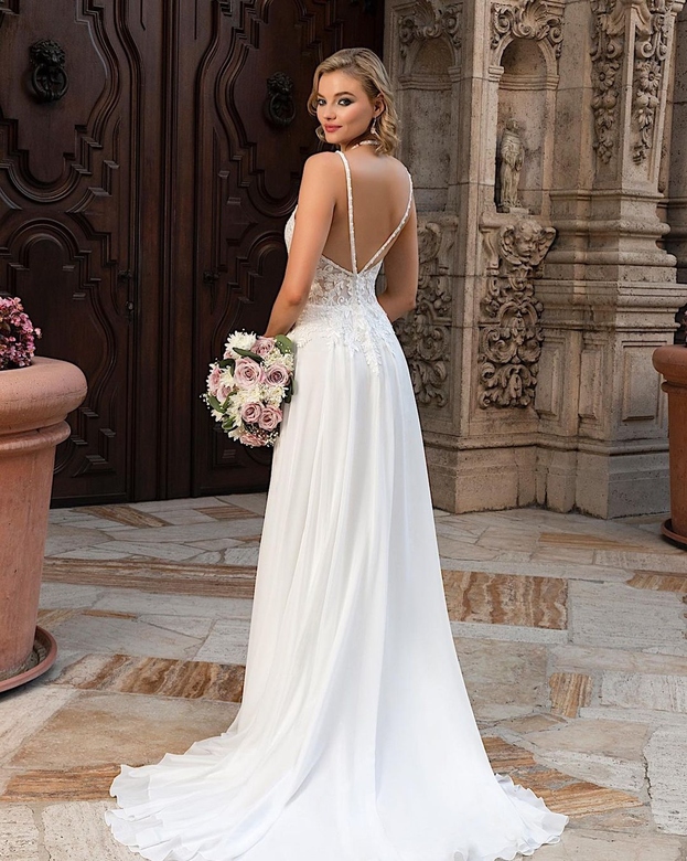 Chiffon Wedding Dress With Lace Appliques And Slit