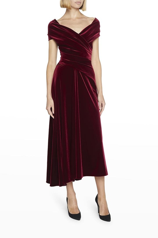 V-Neck Off-Shoulder Ruched Velvet A-Line Midi Sophisticated Mother of the Bride Gown