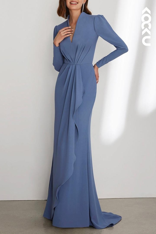 Simple Casual V-Neck Long Sleeves Ruched Dress