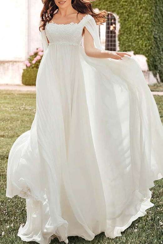 Square Neck Cap Sleeves Lace Tulle A-Line Wedding Dress