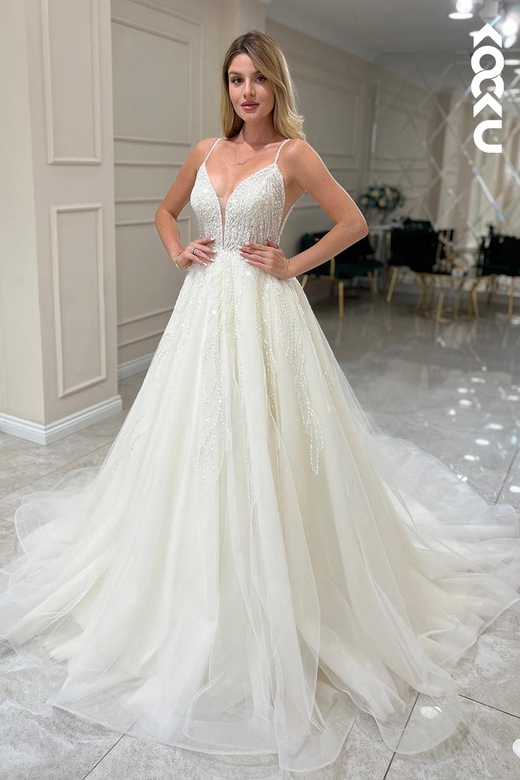 A-Line V-Neck Tulle Appliques Sequins Wedding Dress