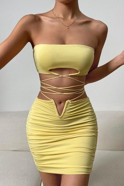 Sexy Yellow Keyhole Tube Top Wrap V Cut High Waist Two-Piece Club Mini Dress