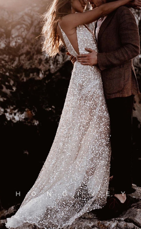 Fully Sequined Crystal Wedding Dress with Illusion & Long Train