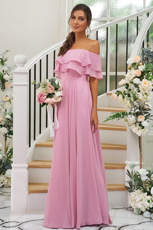 Off-Shoulder Ruffles Ruched Chiffon A-Line Long Bridesmaid Formal Dress