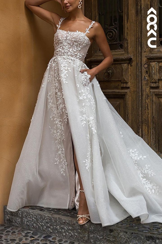 Square Neck Lace Appliqued Sheer Tulle A-Line Bridal Gown