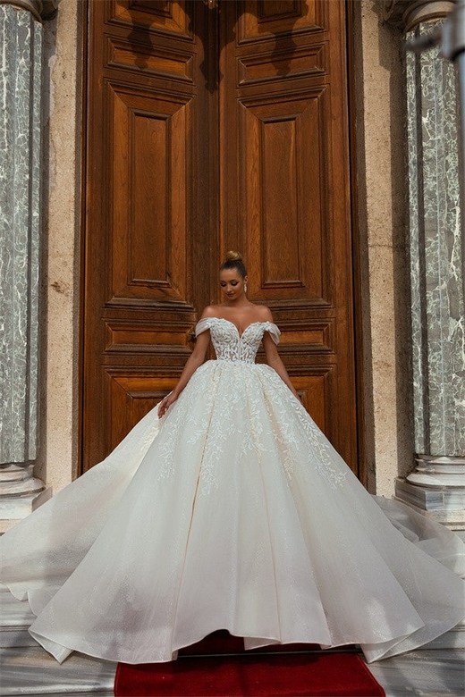 Off-the-Shoulder Tulle Wedding Gown with Appliques