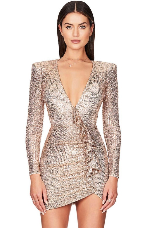 Sparkly Champagne Galaxy Long Sleeve Ruffle Deep V Sequin Mini Dress