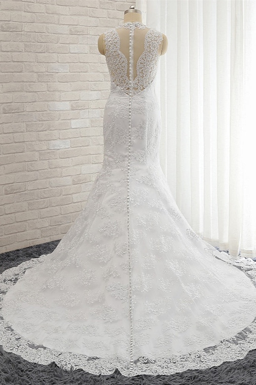 Chic Mermaid V-Neck Lace Wedding Gown, Appliques and Sleeveless